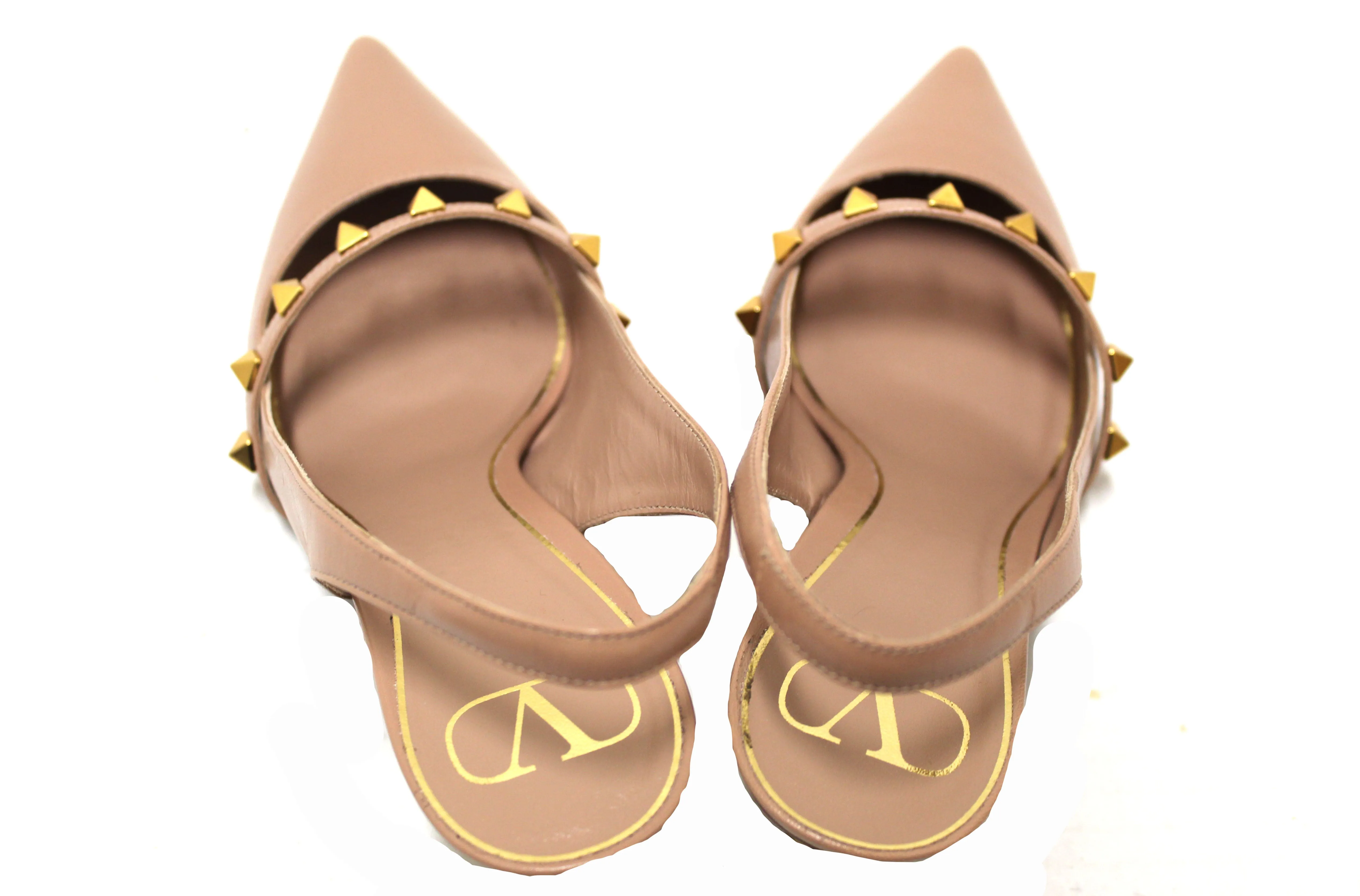 Authentic Valentino Garavani Rockstud Slingback Pump Beige Smooth Leather with Sculpted Heel