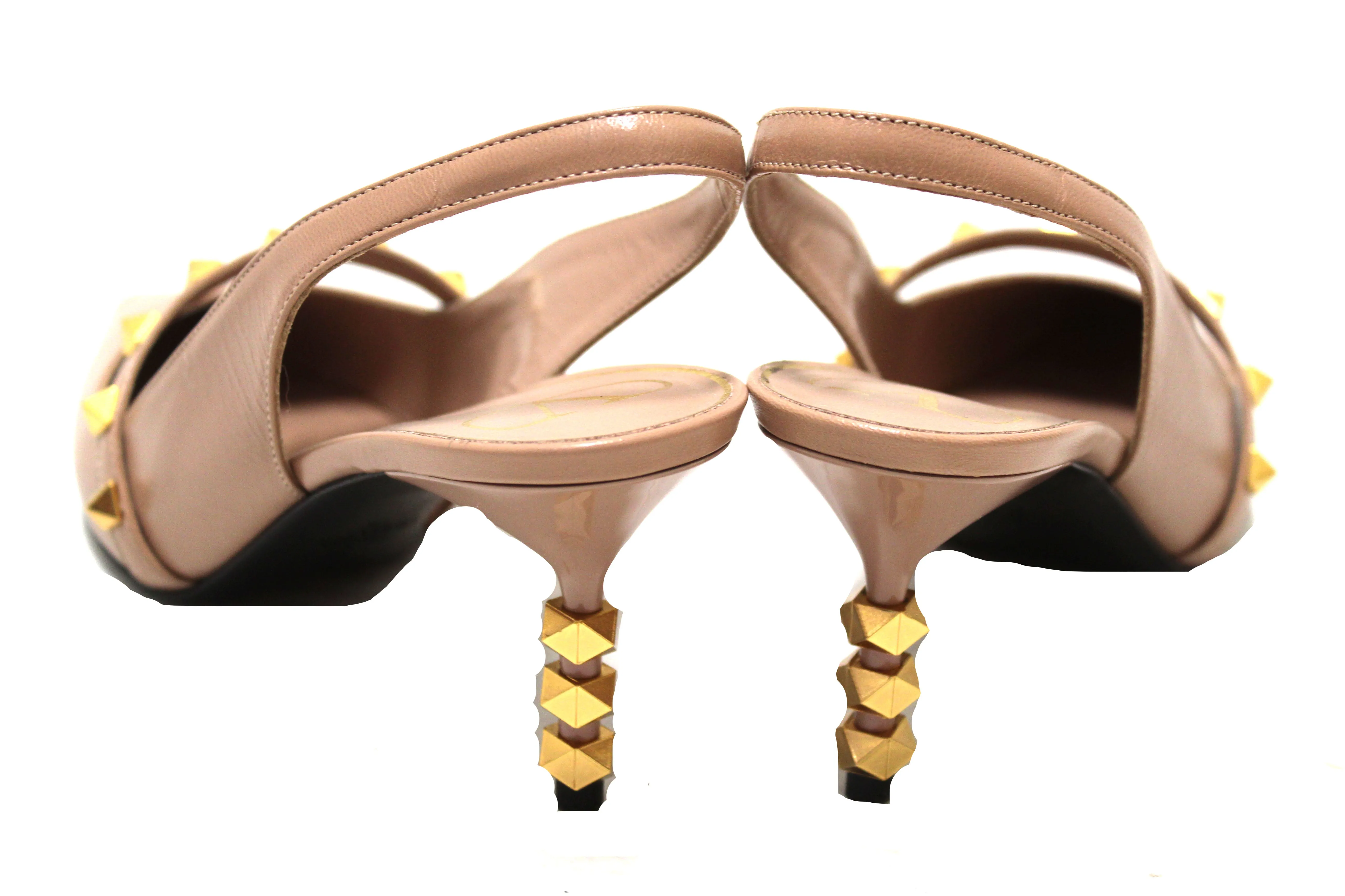 Authentic Valentino Garavani Rockstud Slingback Pump Beige Smooth Leather with Sculpted Heel