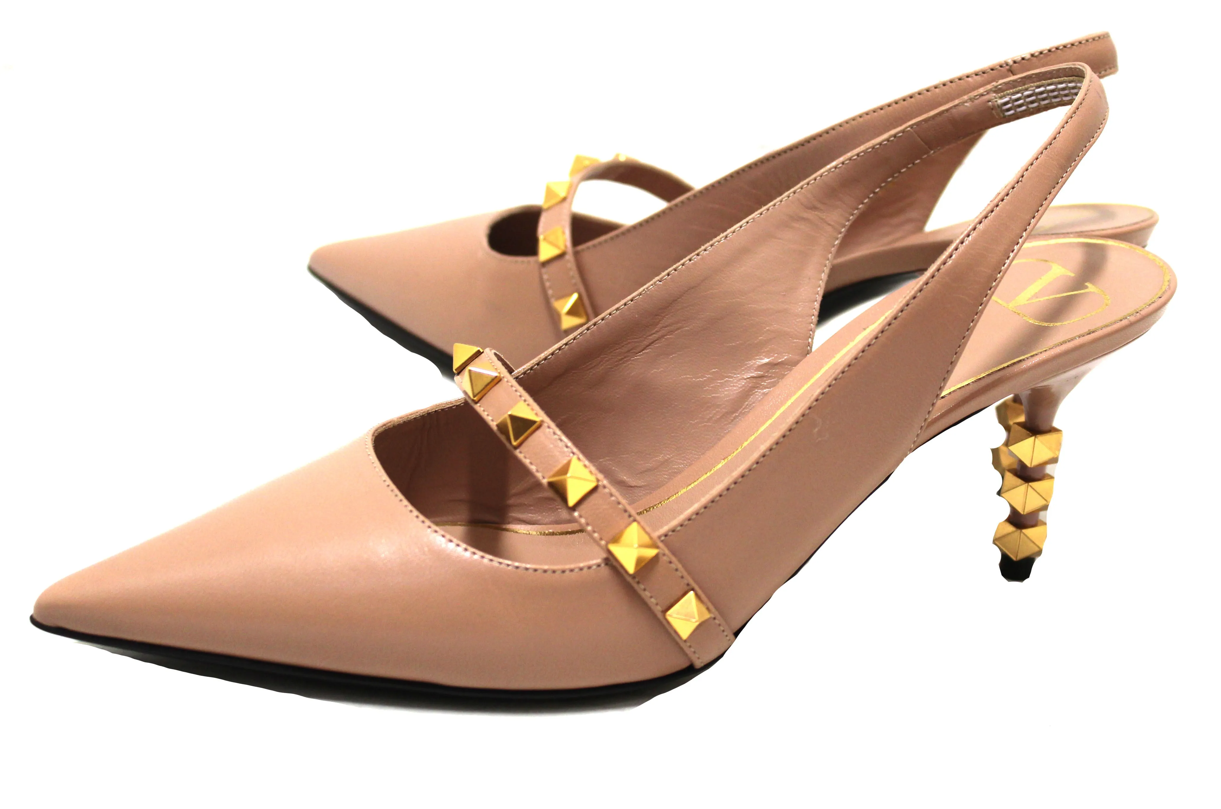 Authentic Valentino Garavani Rockstud Slingback Pump Beige Smooth Leather with Sculpted Heel