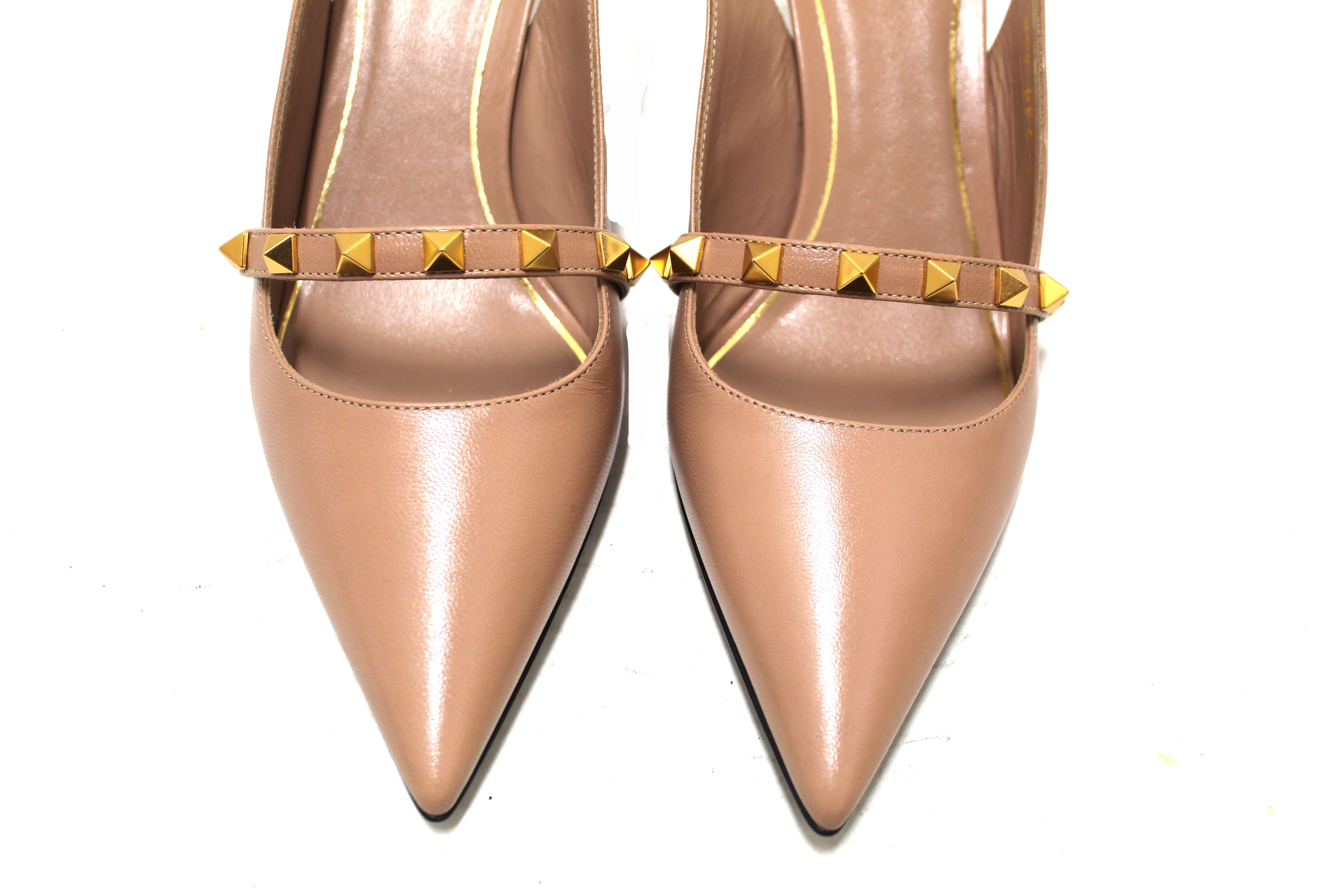 Authentic Valentino Garavani Rockstud Slingback Pump Beige Smooth Leather with Sculpted Heel