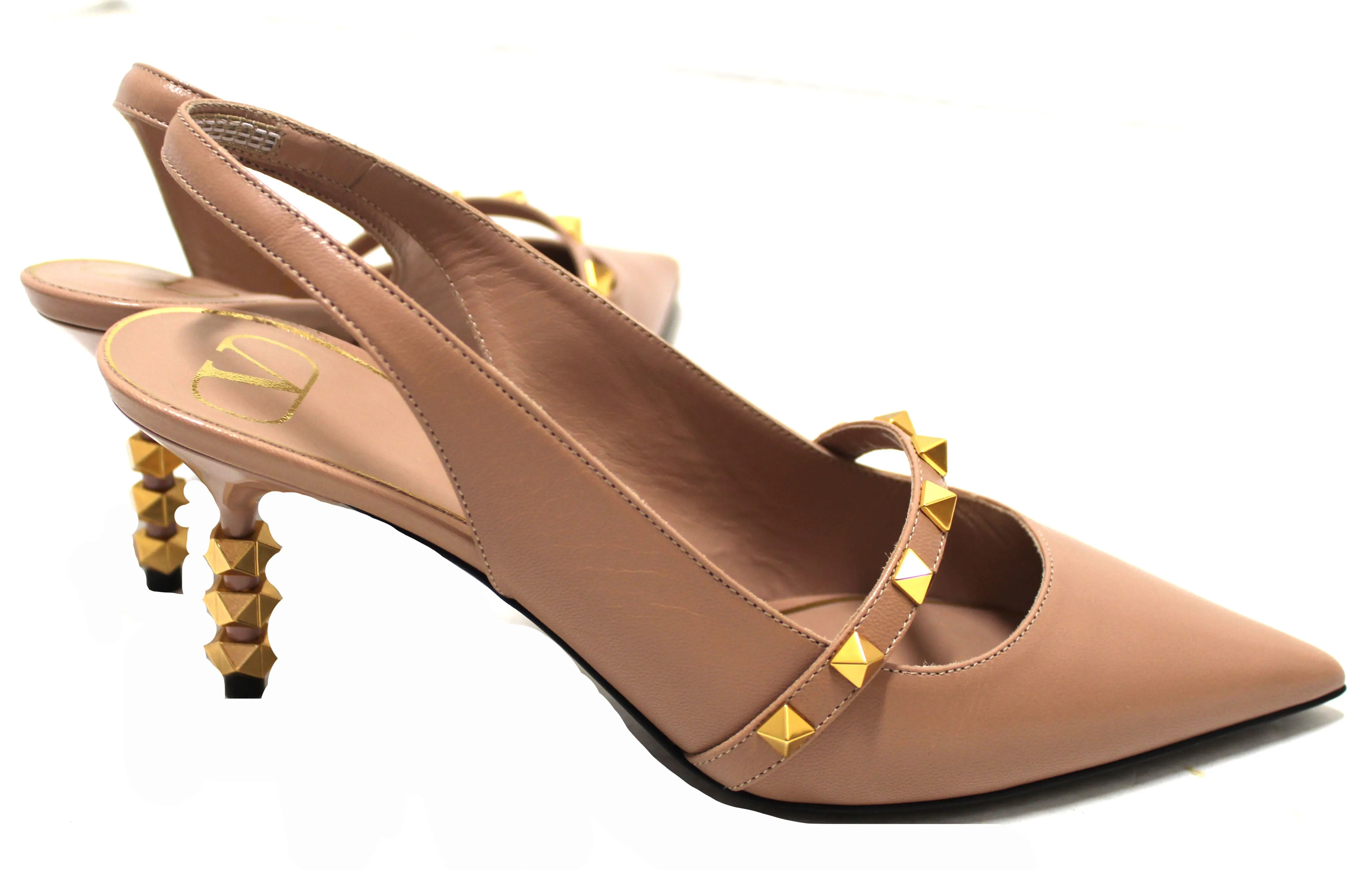 Authentic Valentino Garavani Rockstud Slingback Pump Beige Smooth Leather with Sculpted Heel