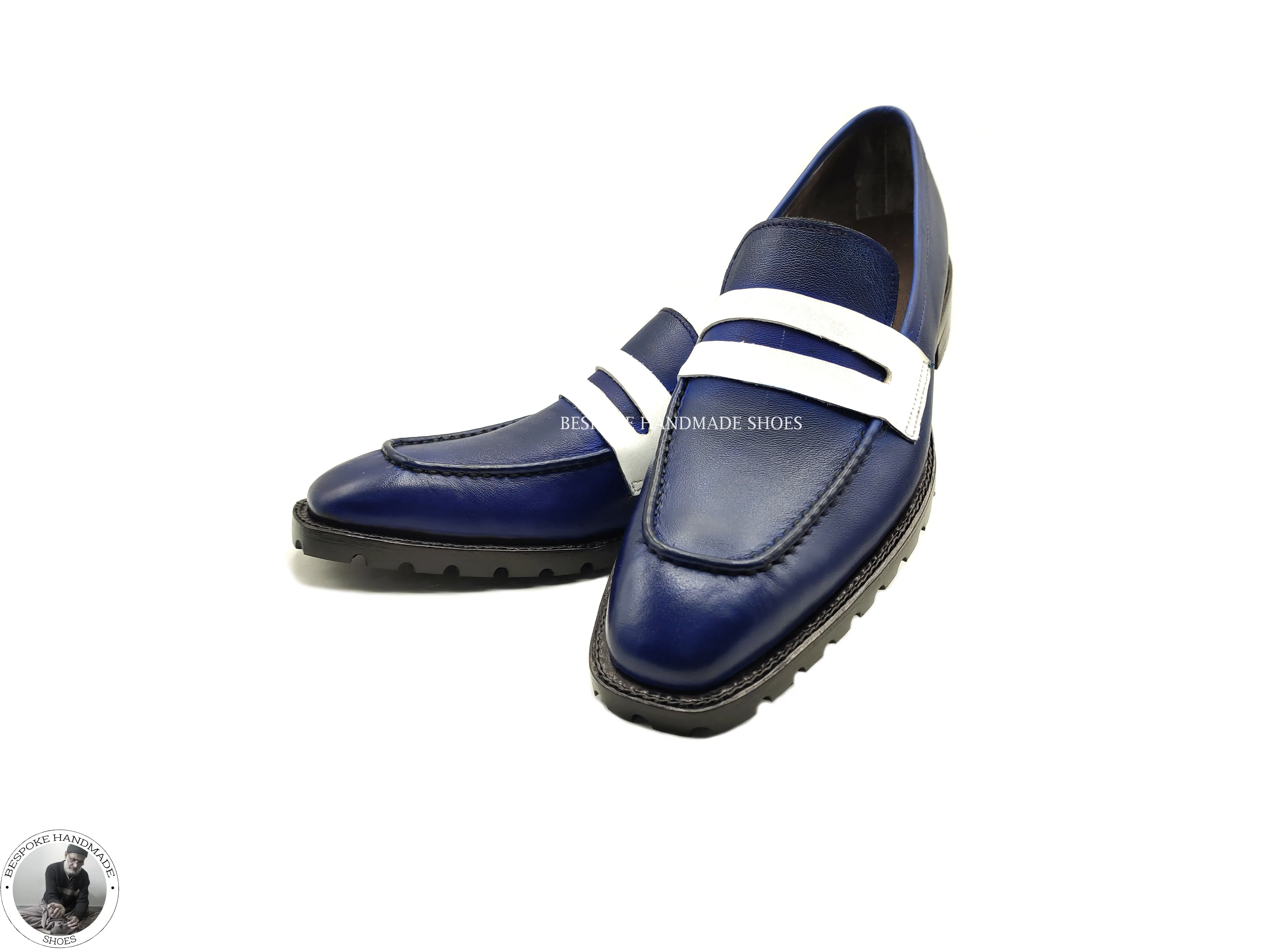 Buy Men’s Genuine Blue & White Leather Genuine Slip on Loafer Style Dress / Casual Shoes