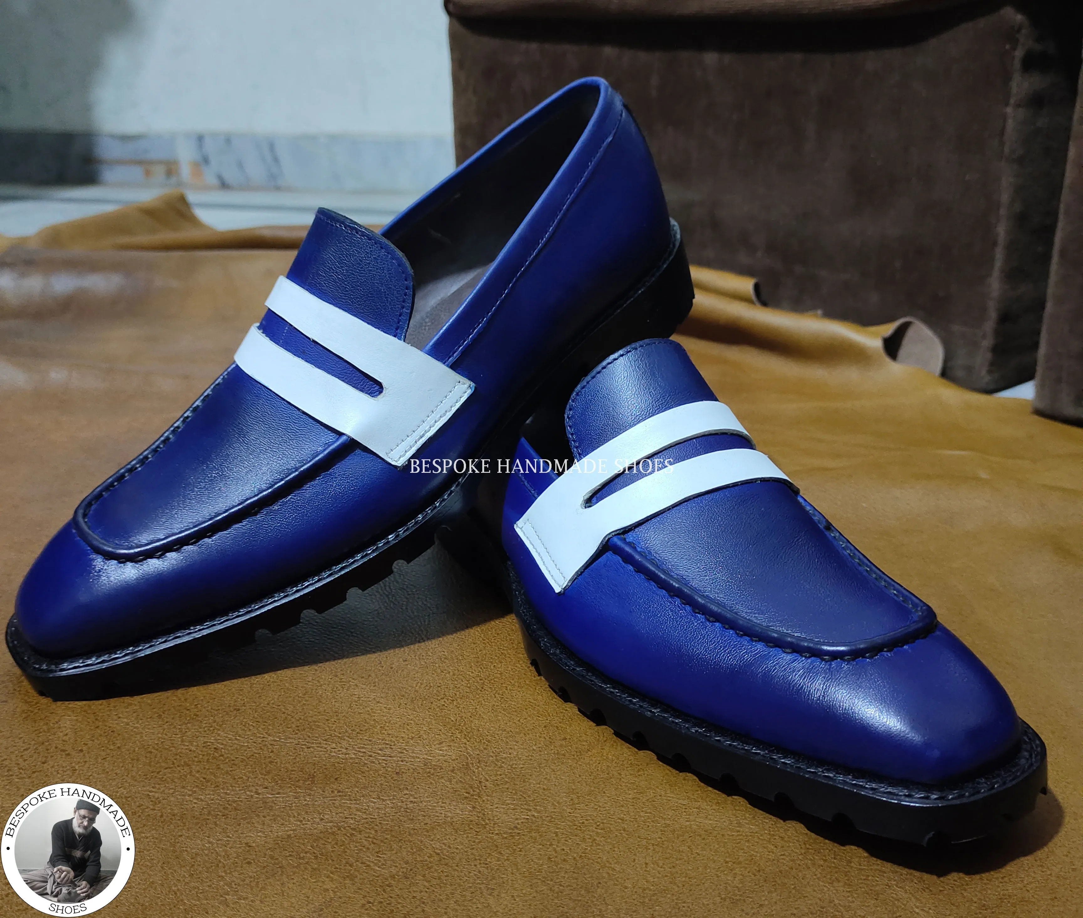 Buy Men’s Genuine Blue & White Leather Genuine Slip on Loafer Style Dress / Casual Shoes