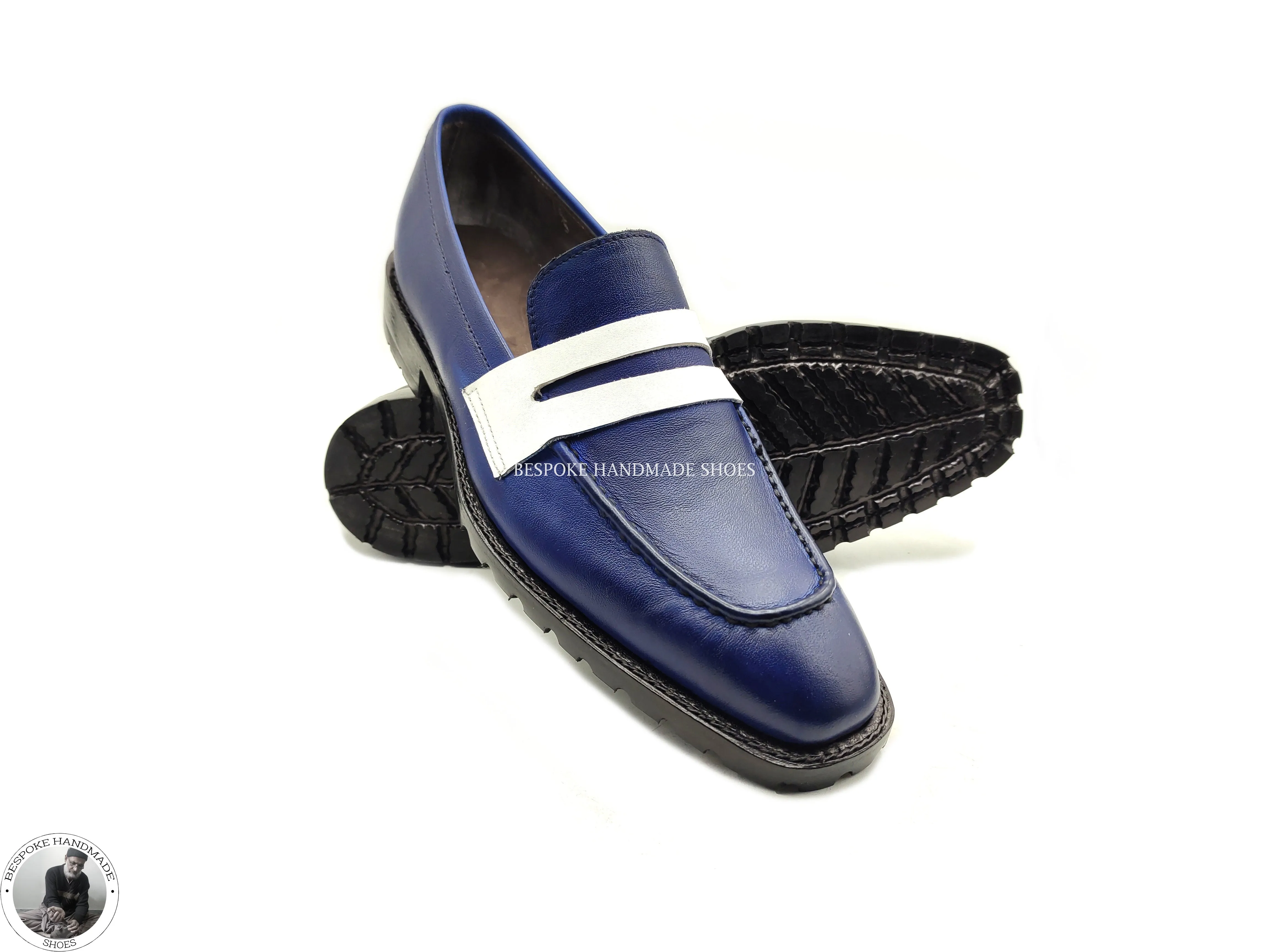 Buy Men’s Genuine Blue & White Leather Genuine Slip on Loafer Style Dress / Casual Shoes
