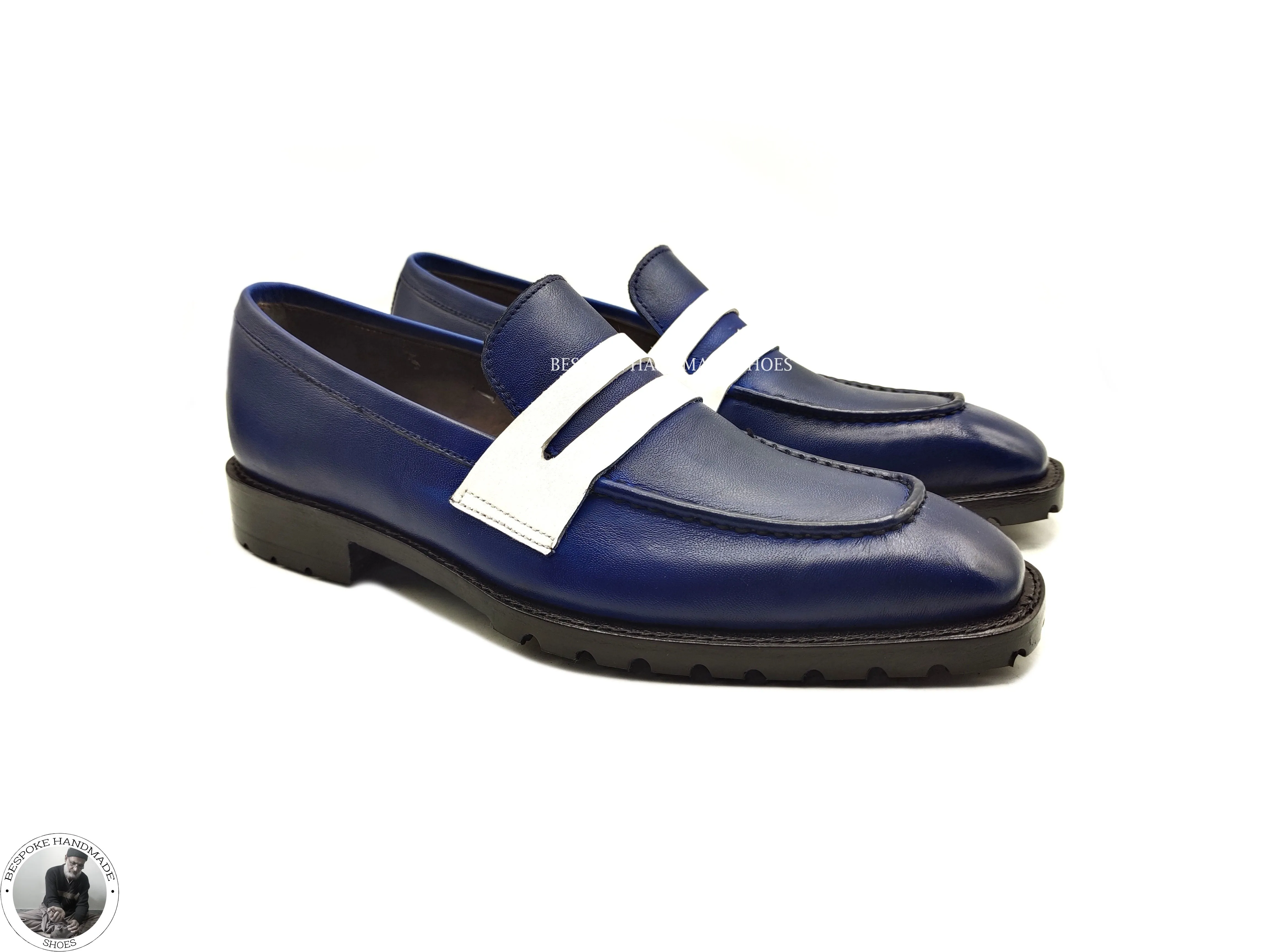 Buy Men’s Genuine Blue & White Leather Genuine Slip on Loafer Style Dress / Casual Shoes