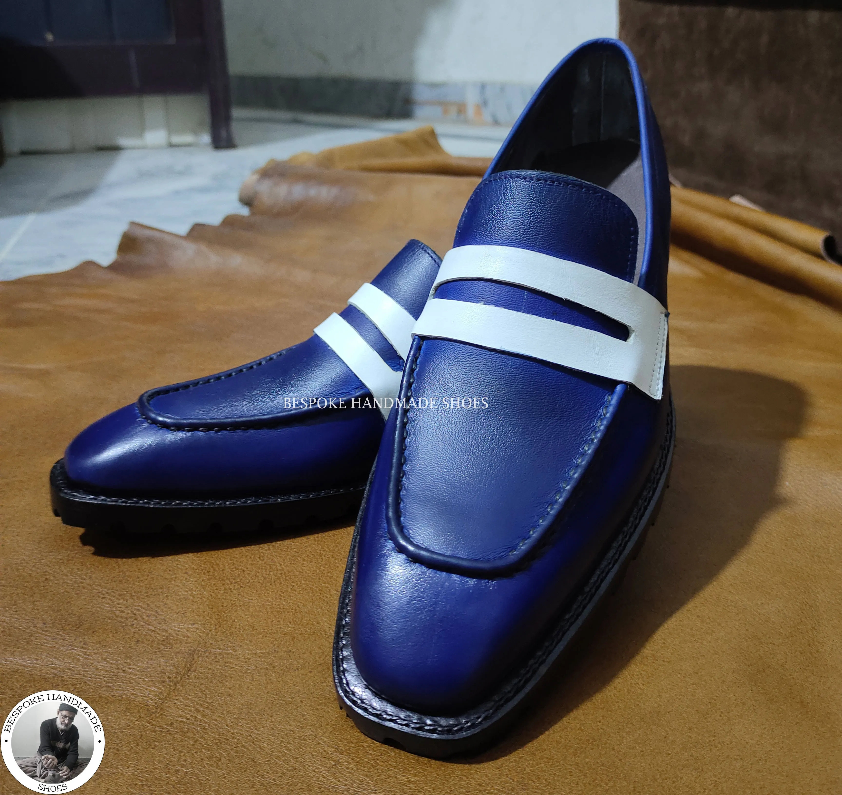 Buy Men’s Genuine Blue & White Leather Genuine Slip on Loafer Style Dress / Casual Shoes
