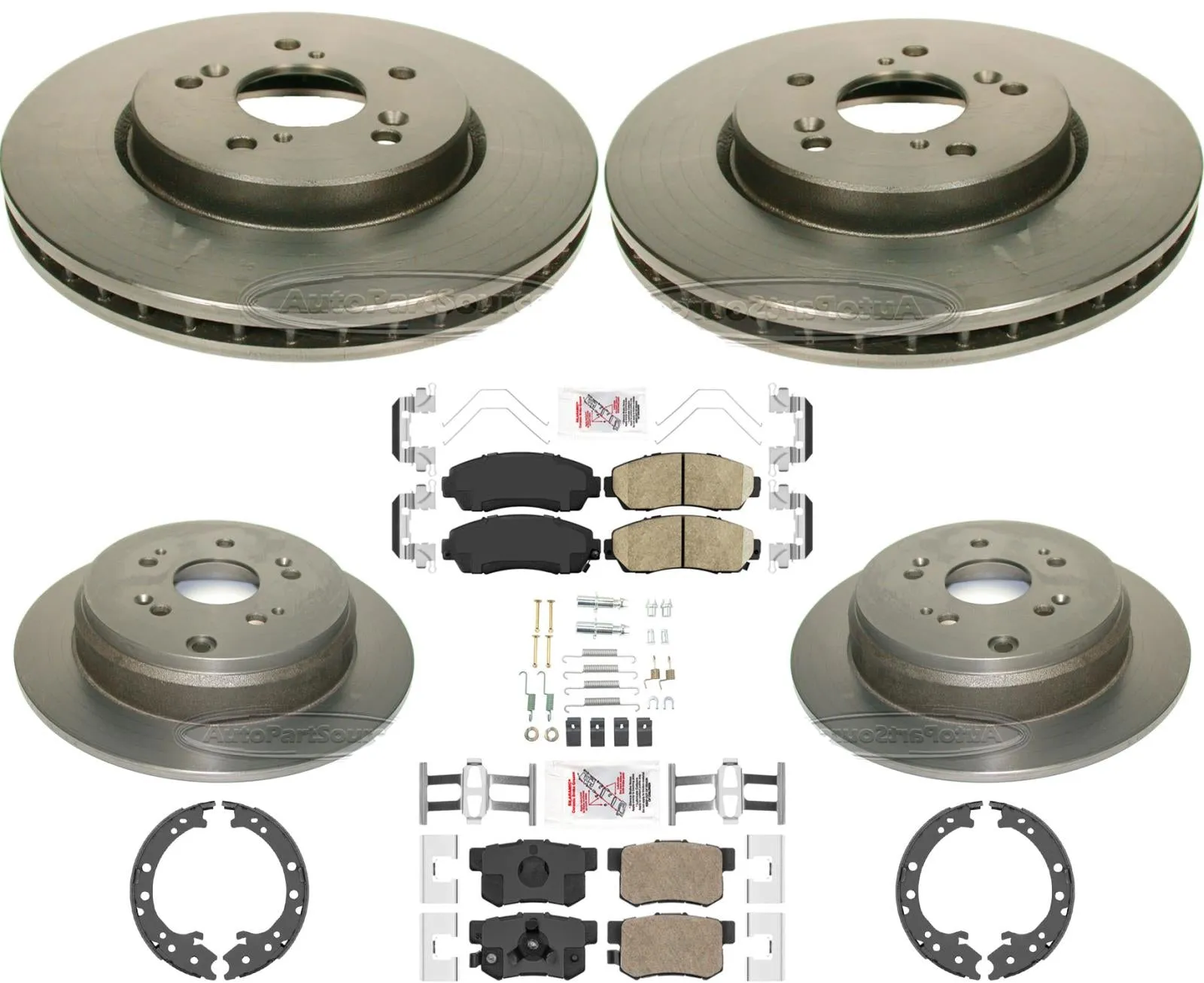 Frnt & Rr Carbon Coated Rotors Pads & Shoes For Honda CRV 12-16 All Wheel Drive