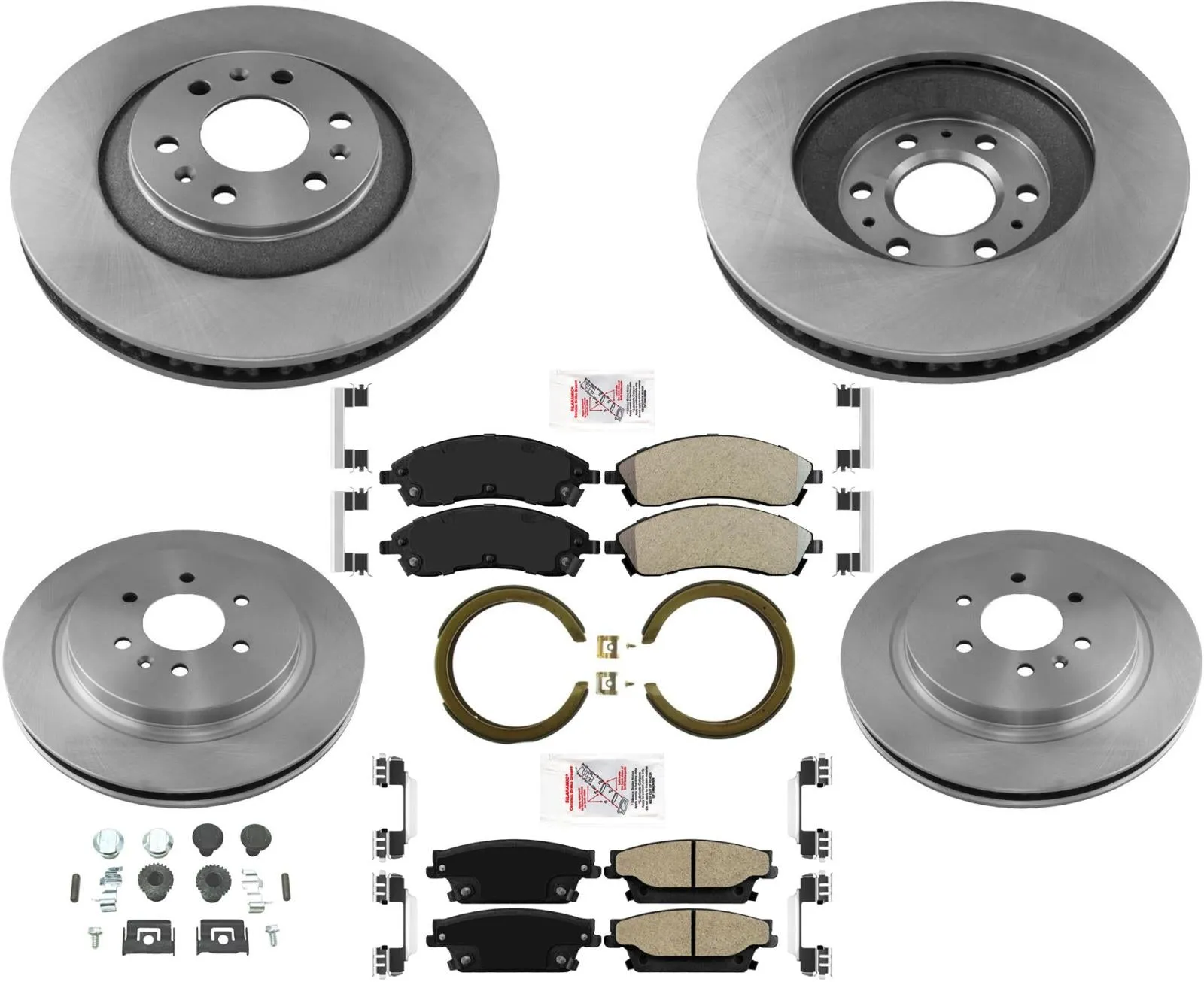 Front Rear Rotors Brake Pads Parking Shoes Spring Kit for Cadillac SRX 04-09
