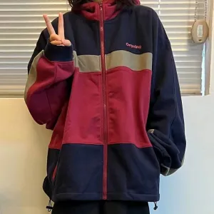 Joskaa Vintage Oversized Color Block Zip Hooded Jacket