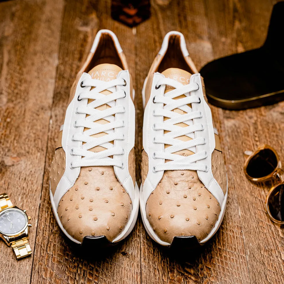 Marco Di Milano Lyon II Men's Shoes Orix & White Calf-Skin / Ostrich Leg Casual Sneakers (MDM1067)