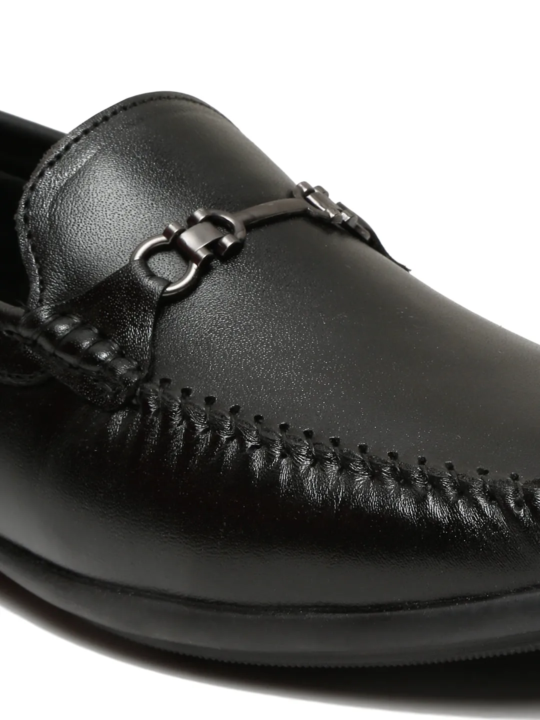 Men Black Leather Solid Loafers