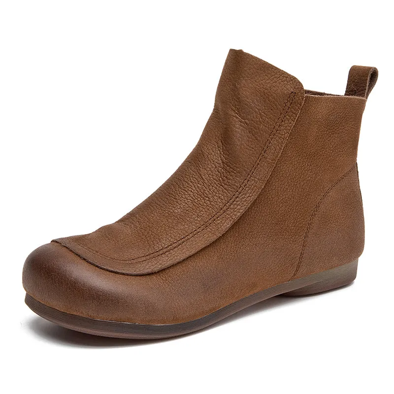 Retro Leather Short Boots For Women Soft Ankle Boots Round Toe Barefoot Shoes in Coffee/Grey