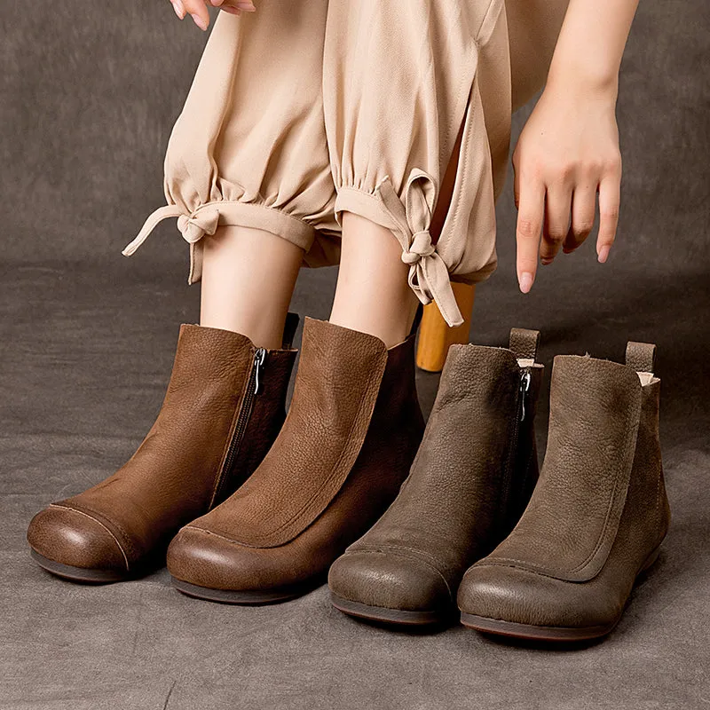 Retro Leather Short Boots For Women Soft Ankle Boots Round Toe Barefoot Shoes in Coffee/Grey