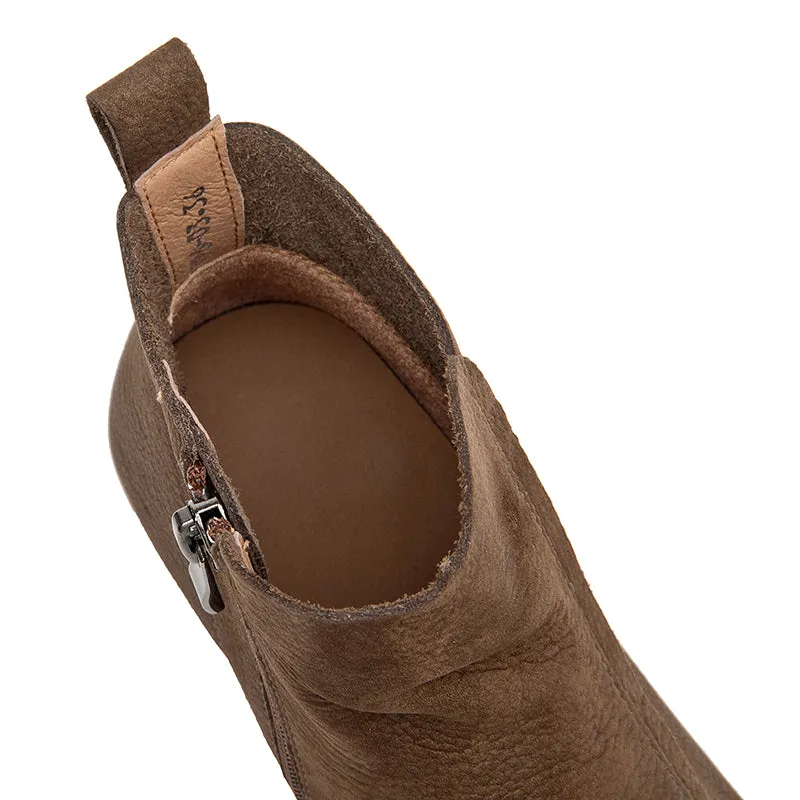 Retro Leather Short Boots For Women Soft Ankle Boots Round Toe Barefoot Shoes in Coffee/Grey