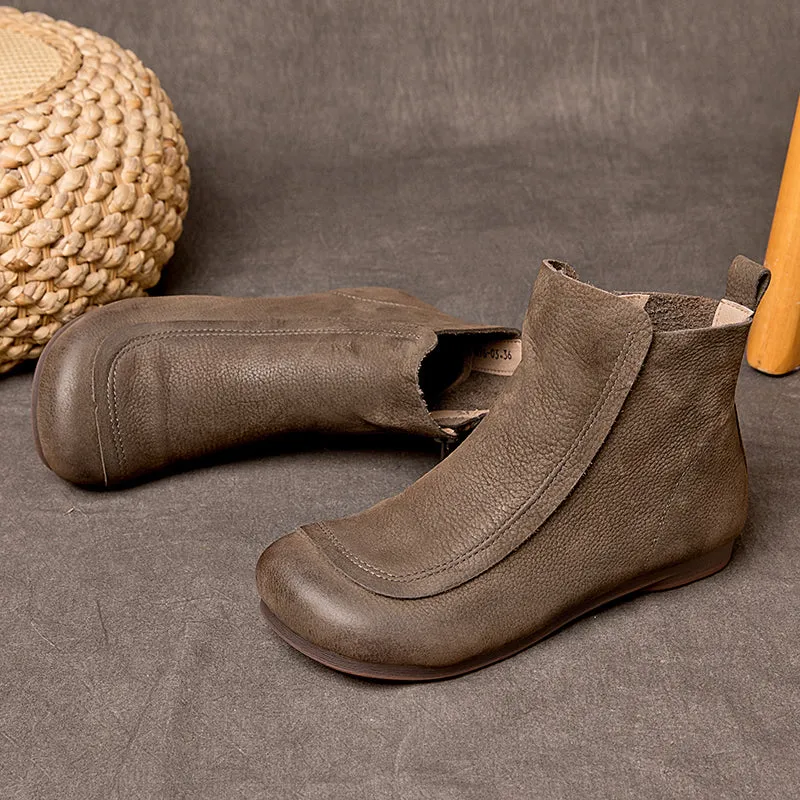 Retro Leather Short Boots For Women Soft Ankle Boots Round Toe Barefoot Shoes in Coffee/Grey