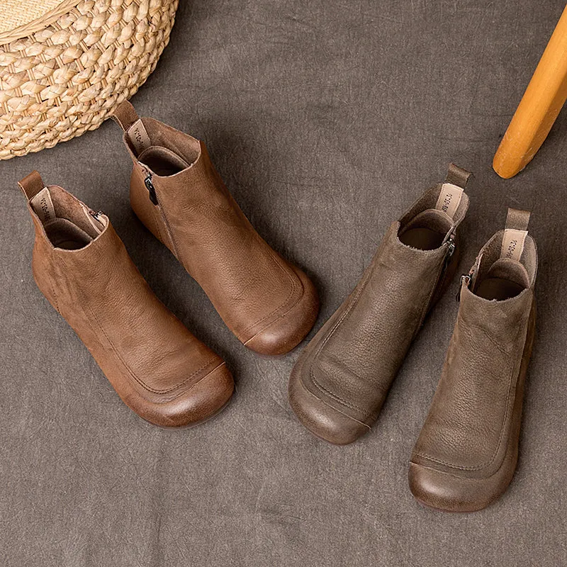 Retro Leather Short Boots For Women Soft Ankle Boots Round Toe Barefoot Shoes in Coffee/Grey