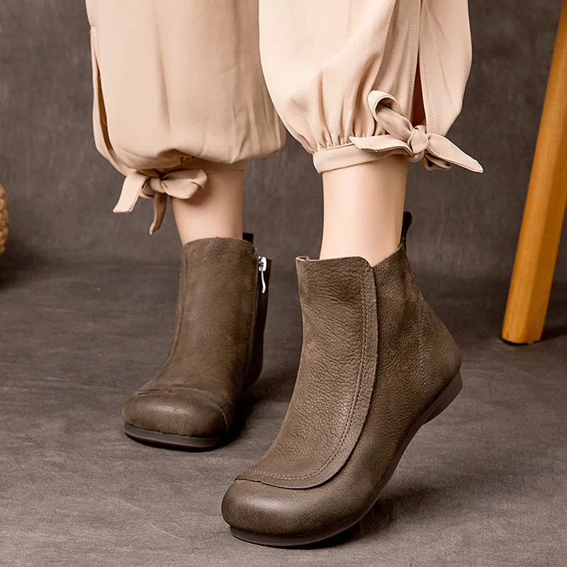Retro Leather Short Boots For Women Soft Ankle Boots Round Toe Barefoot Shoes in Coffee/Grey