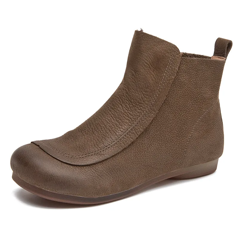 Retro Leather Short Boots For Women Soft Ankle Boots Round Toe Barefoot Shoes in Coffee/Grey