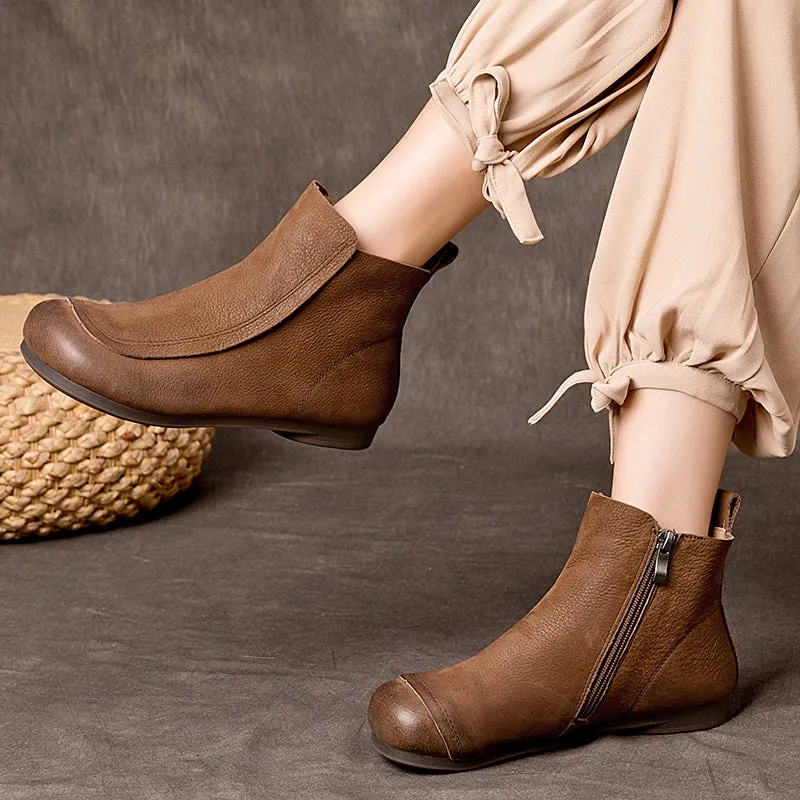 Retro Leather Short Boots For Women Soft Ankle Boots Round Toe Barefoot Shoes in Coffee/Grey