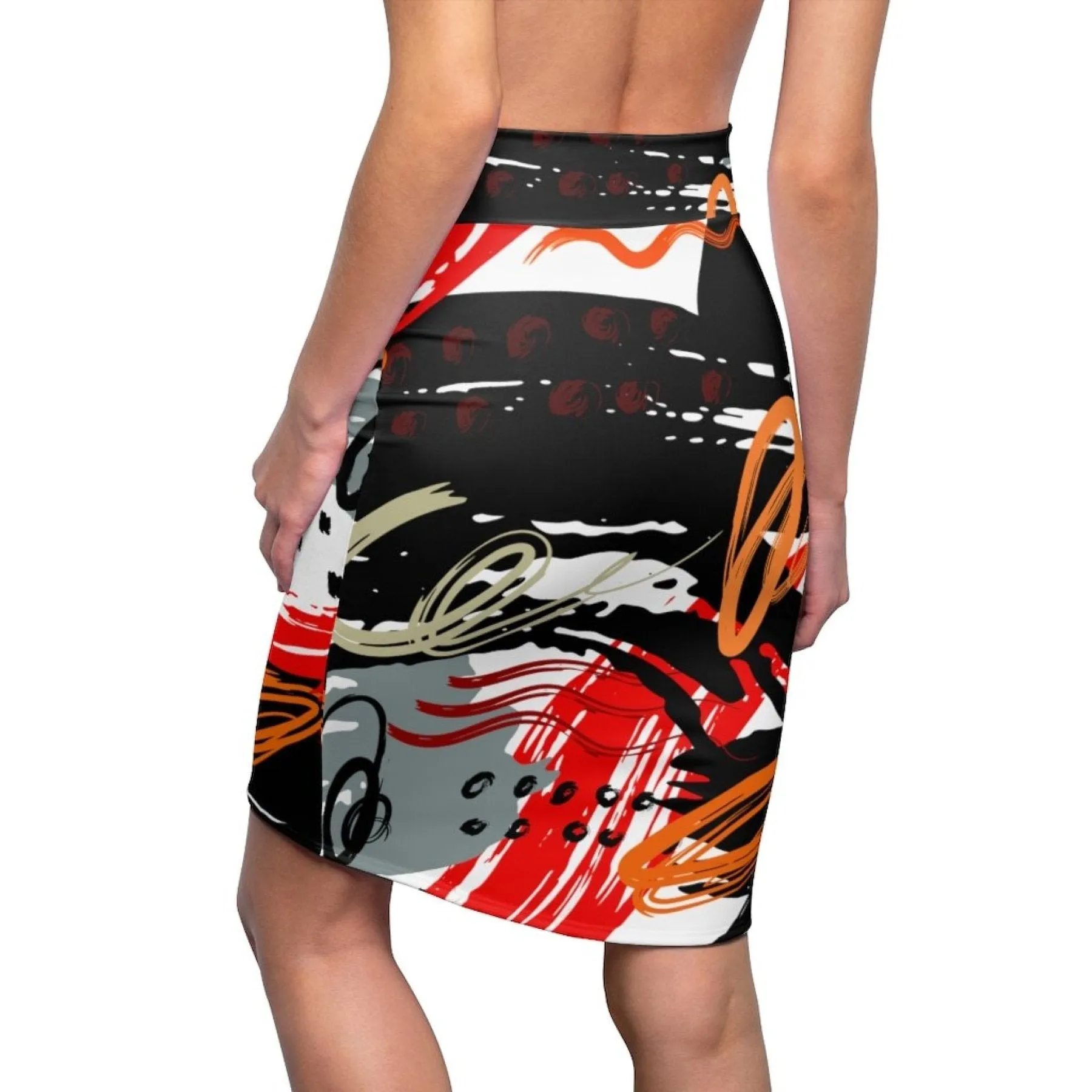 Womens Pencil Skirt, High Waist Stretch, Trio Black/Red White