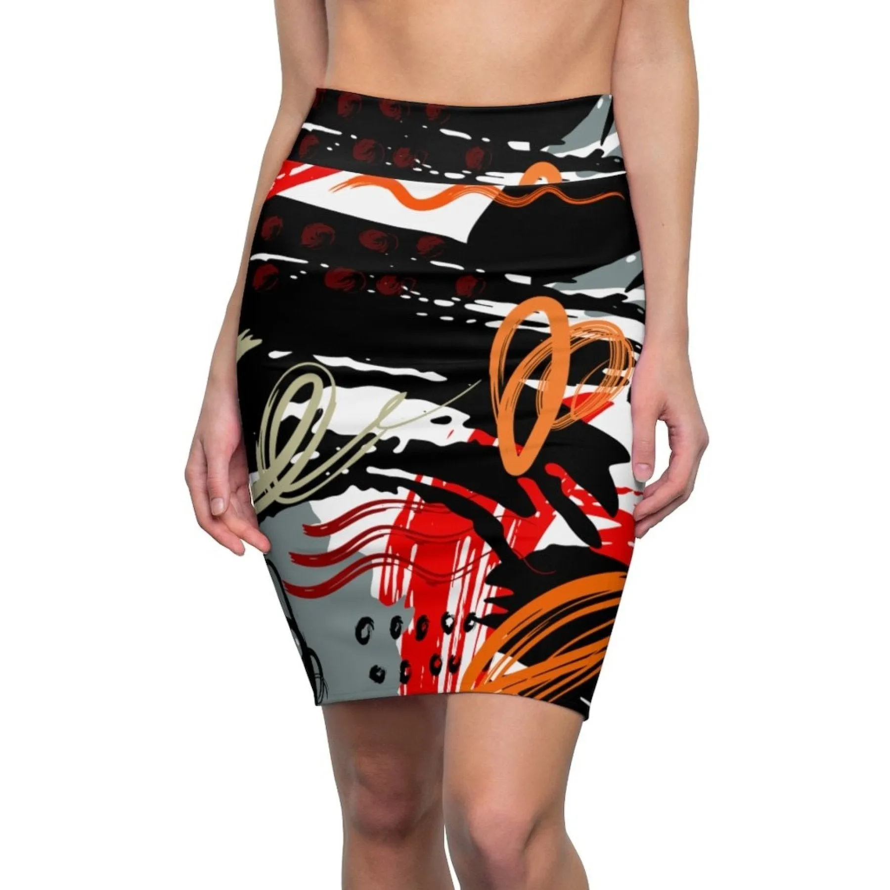 Womens Pencil Skirt, High Waist Stretch, Trio Black/Red White