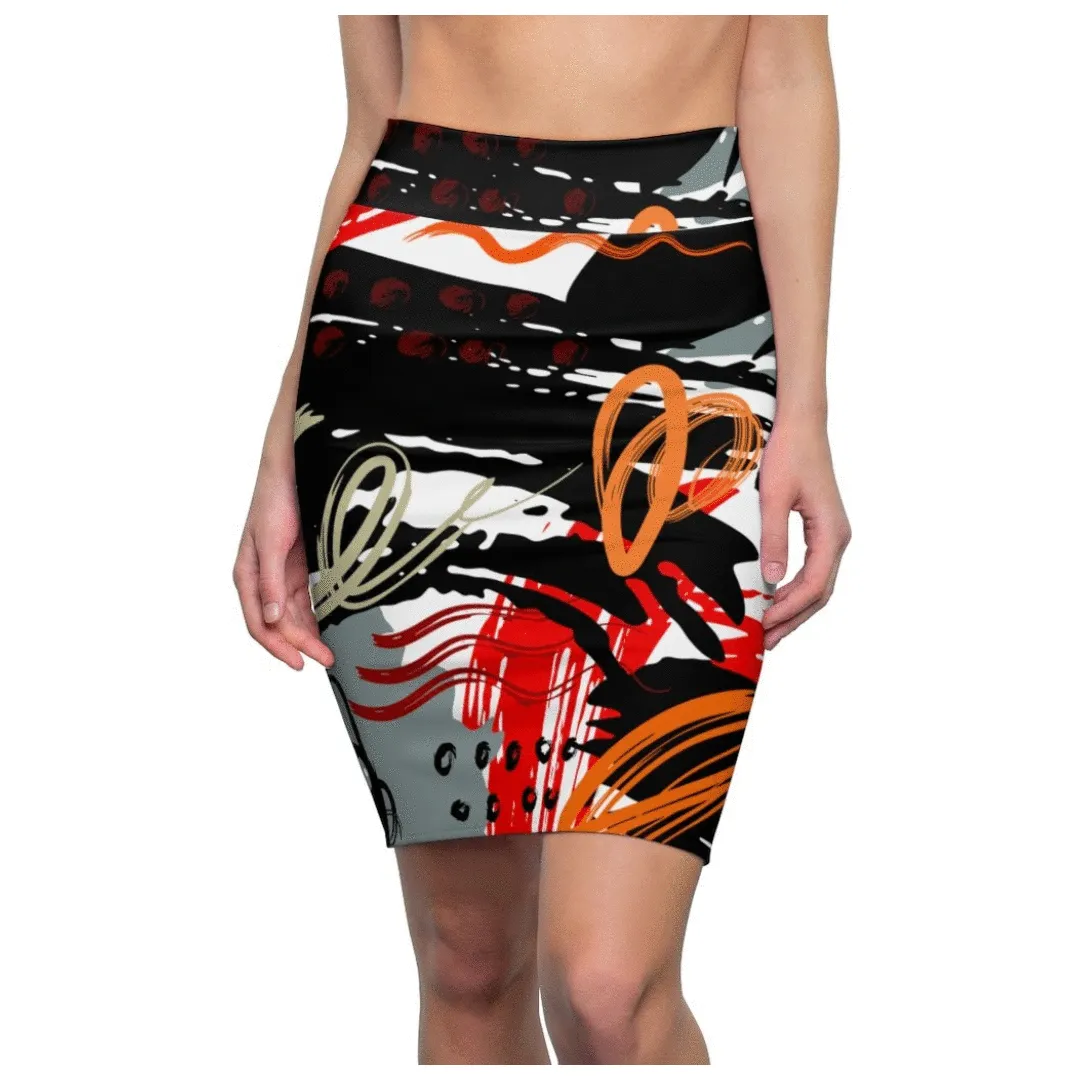 Womens Pencil Skirt, High Waist Stretch, Trio Black/Red White